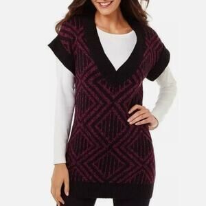 ALFANI V Neck Short Sleeve Pullover Tunic Sweater Geometric Black Purple Size L